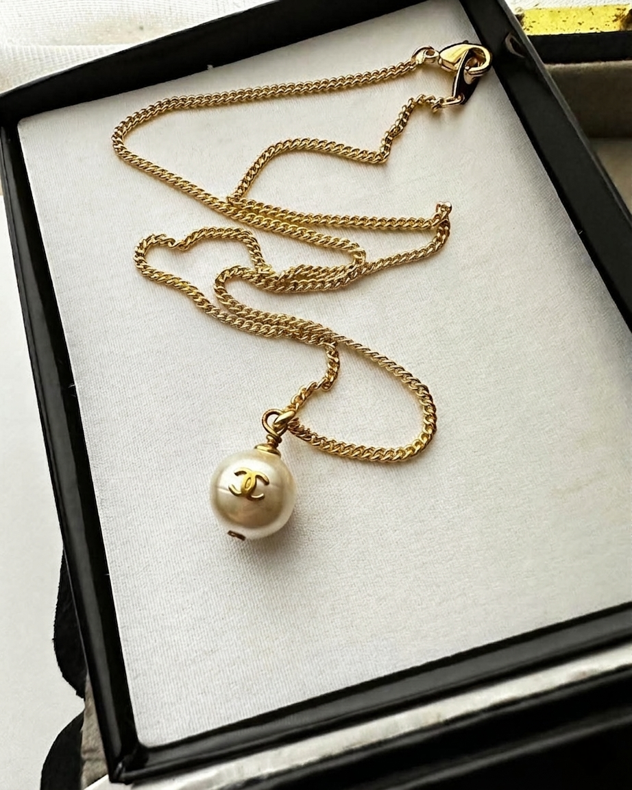 CC pendant necklace with a pearl drop