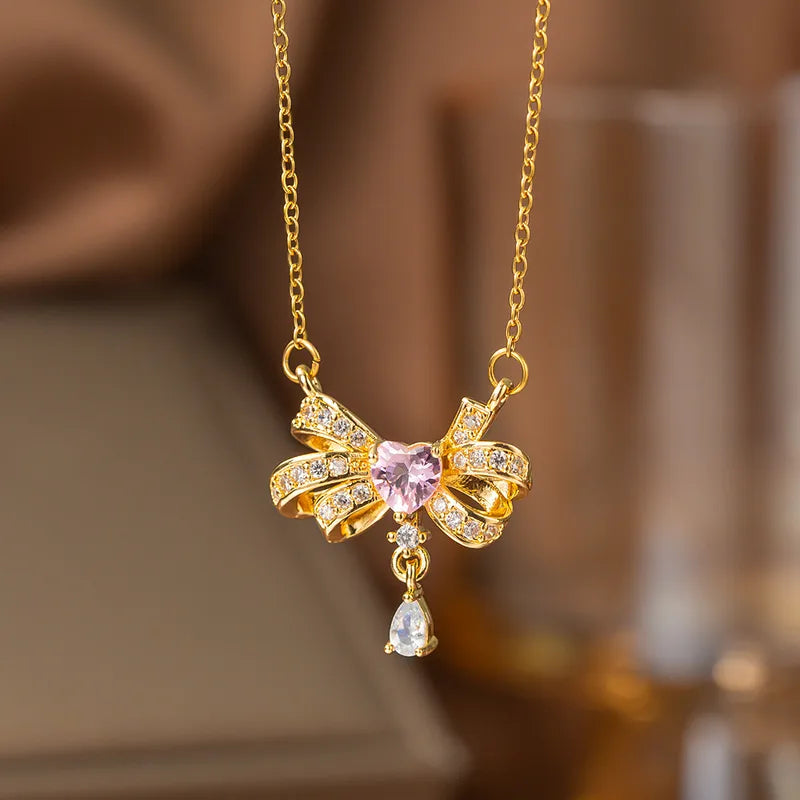 Bow Pendant with Pink crystal Necklace