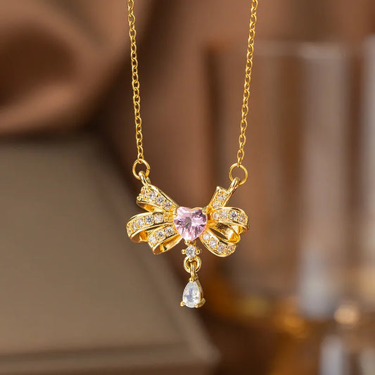 Bow Pendant with Pink crystal Necklace