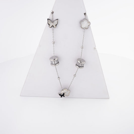 Butterfly and Floral Pendant Stainless Steel Necklace